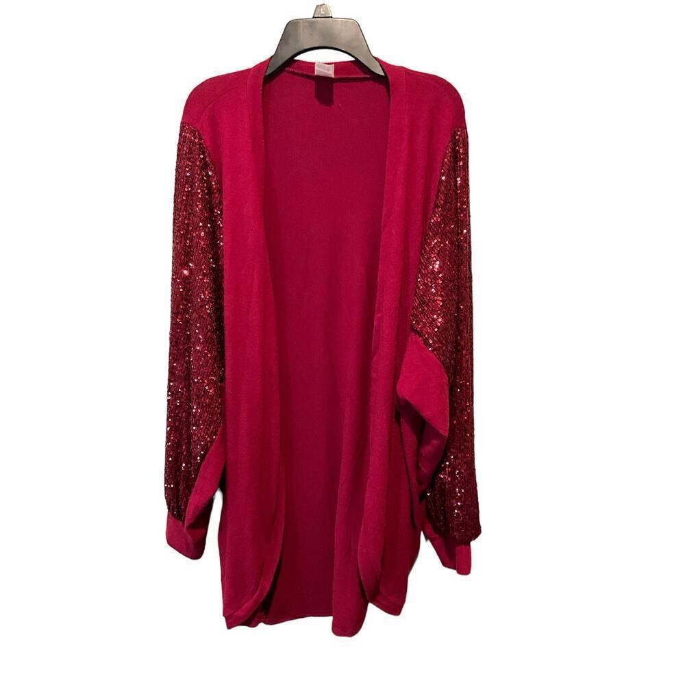 7th Roy Cardigan Sweater Women Large Red Polyester Stretch Beaded Bubble Sleeves
